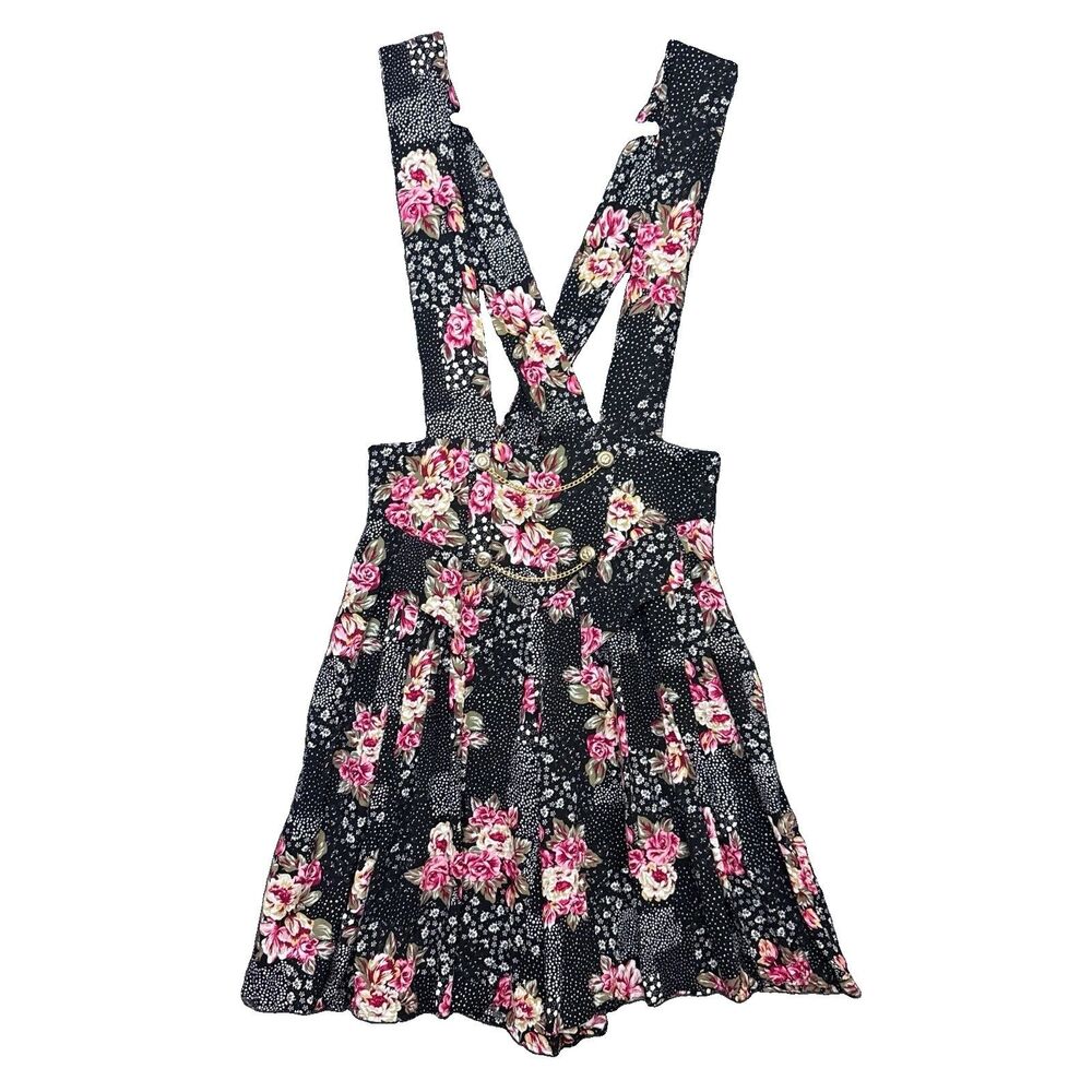Women’s 90s Suspender Romper 10 Black Pink Floral Bold Artsy Girly Vintage